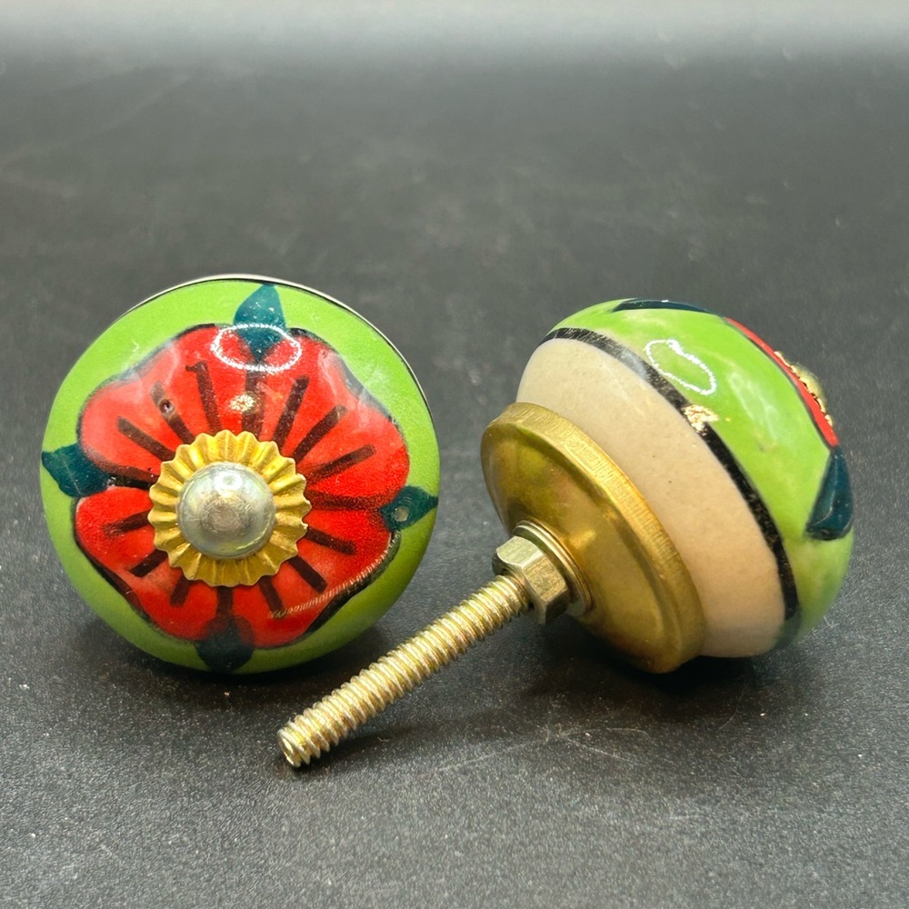 Pair Hand Painted Floral Ceramic Drawer Knobs / Cabinet Knobs / Dresser Handles
